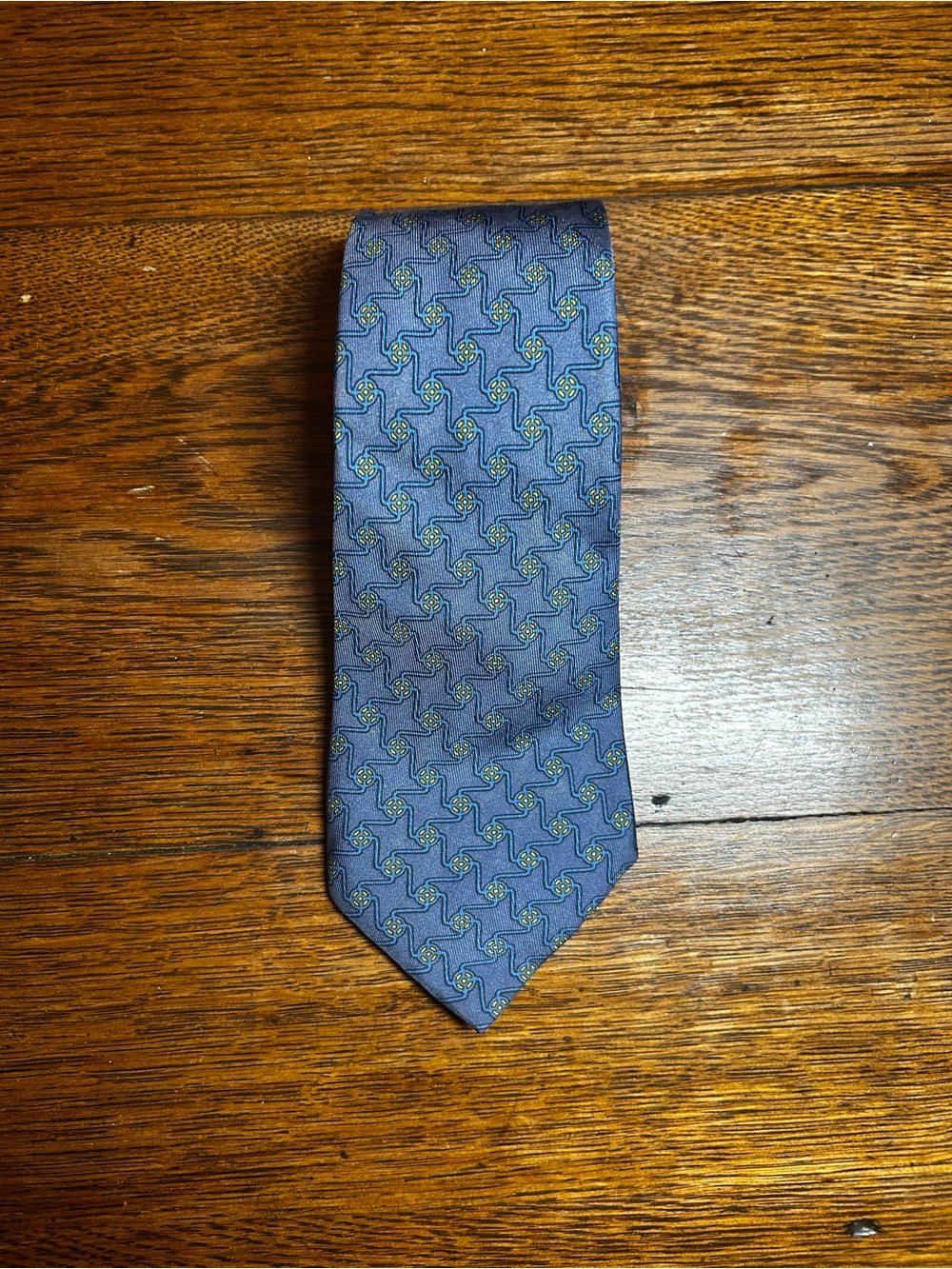 Hermes Blue Geometric Silk Tie with Green Accents